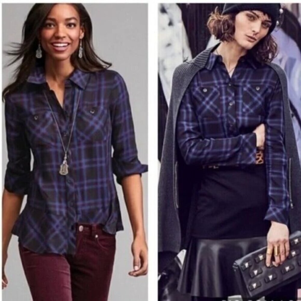 Cabi Peplum Moody Plaid Check Button-Up Shirt Womens‎ Size Medium Purple Blouse